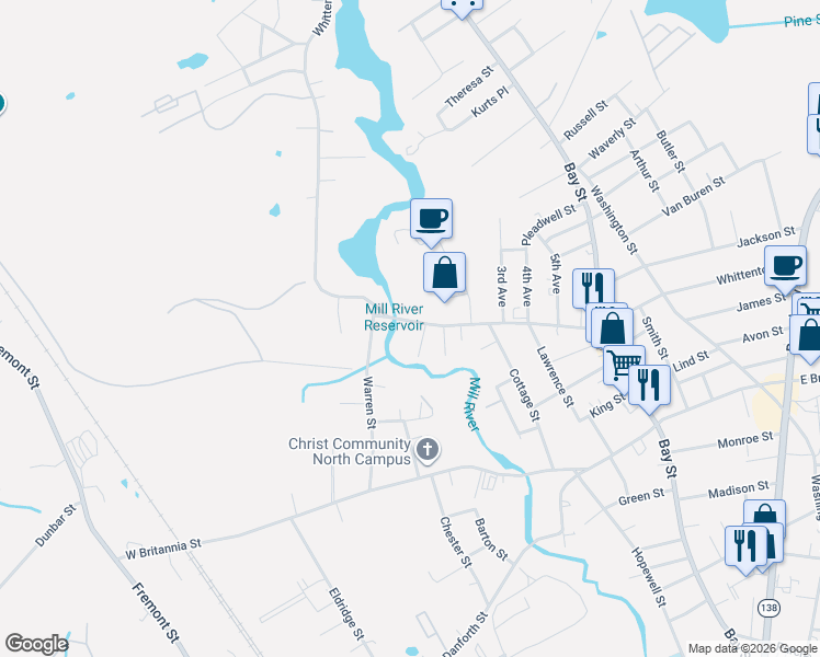 map of restaurants, bars, coffee shops, grocery stores, and more near 436 Whittenton Street in Taunton