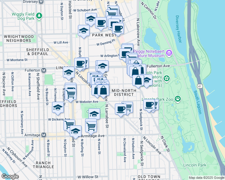 map of restaurants, bars, coffee shops, grocery stores, and more near 536 West Grant Place in Chicago