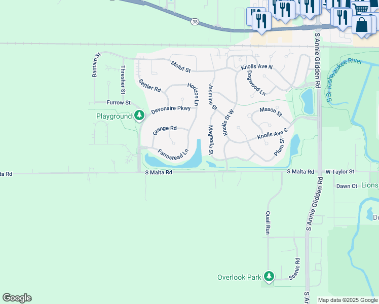 map of restaurants, bars, coffee shops, grocery stores, and more near 1490 Farmstead Lane in DeKalb