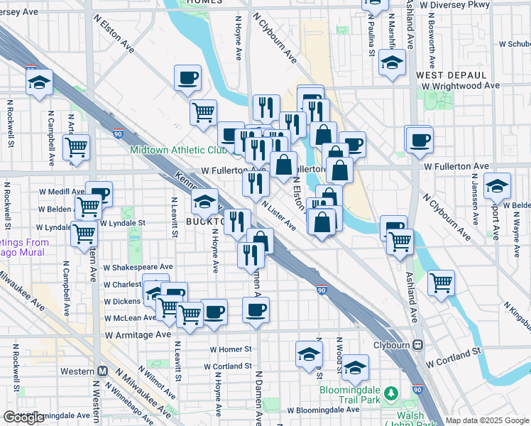 map of restaurants, bars, coffee shops, grocery stores, and more near 2336 North Lister Avenue in Chicago