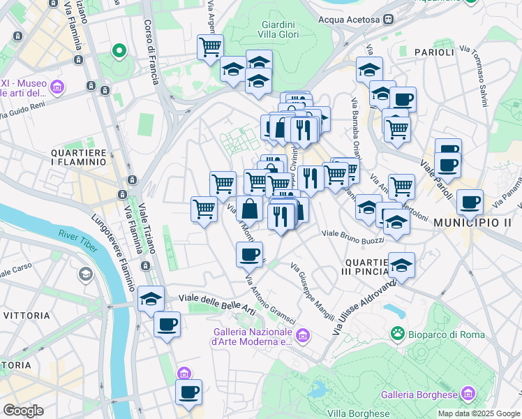 map of restaurants, bars, coffee shops, grocery stores, and more near 59 Via Archimede in Roma