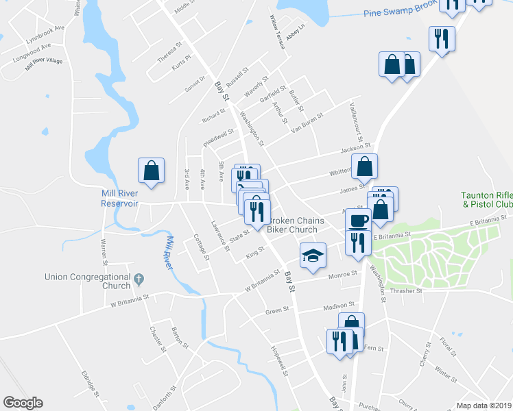 map of restaurants, bars, coffee shops, grocery stores, and more near 194 Whittenton Street in Taunton