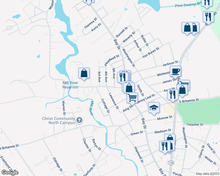 map of restaurants, bars, coffee shops, grocery stores, and more near 277 Whittenton Street in Taunton