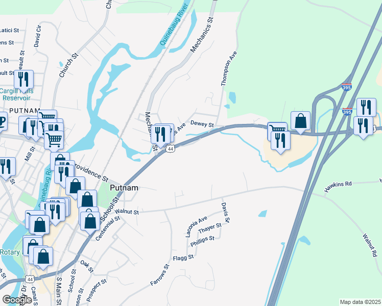 map of restaurants, bars, coffee shops, grocery stores, and more near 419 School Street in Putnam