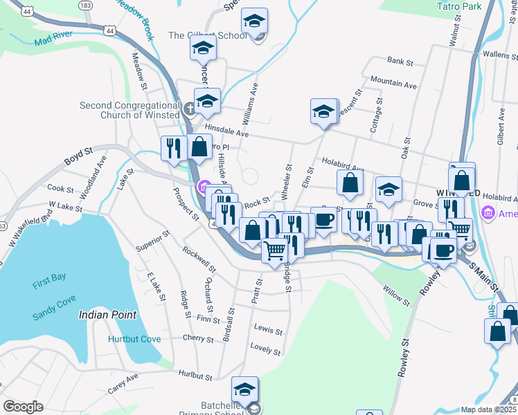 map of restaurants, bars, coffee shops, grocery stores, and more near 61 Rock Street in Winsted