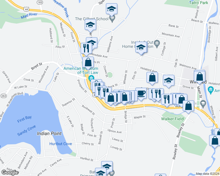 map of restaurants, bars, coffee shops, grocery stores, and more near 61 Rock Street in Winsted