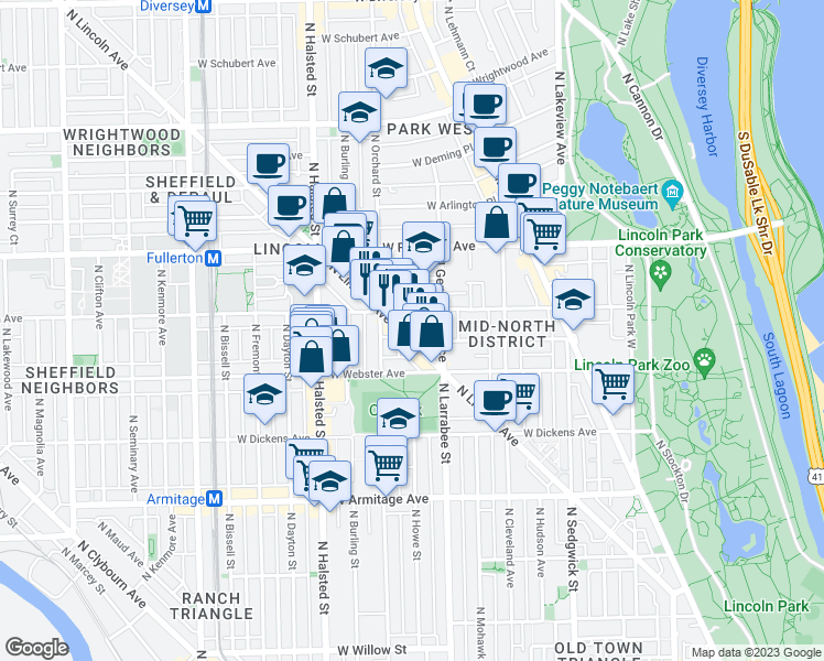 map of restaurants, bars, coffee shops, grocery stores, and more near 629 West Belden Avenue in Chicago