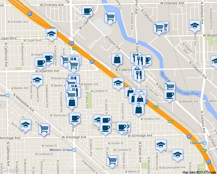 map of restaurants, bars, coffee shops, grocery stores, and more near 2327 North Leavitt Street in Chicago