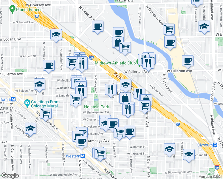 map of restaurants, bars, coffee shops, grocery stores, and more near 2327 North Leavitt Street in Chicago