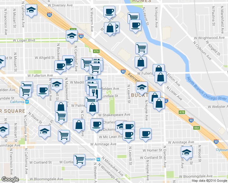 map of restaurants, bars, coffee shops, grocery stores, and more near in Chicago