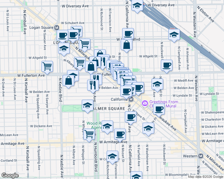 map of restaurants, bars, coffee shops, grocery stores, and more near 2910 West Belden Avenue in Chicago