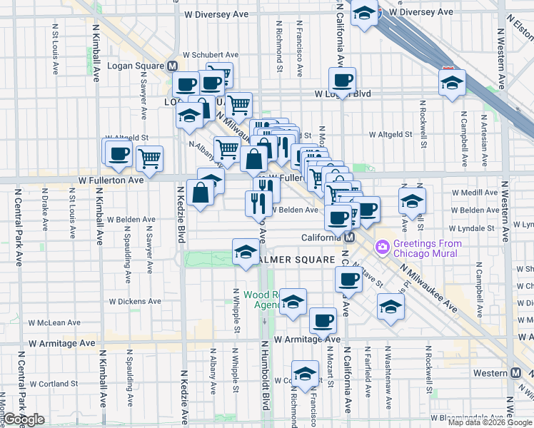 map of restaurants, bars, coffee shops, grocery stores, and more near 2955 West Belden Avenue in Chicago