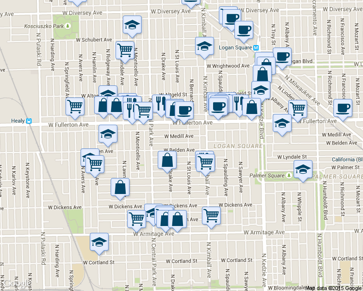 map of restaurants, bars, coffee shops, grocery stores, and more near 3503 West Medill Avenue in Chicago