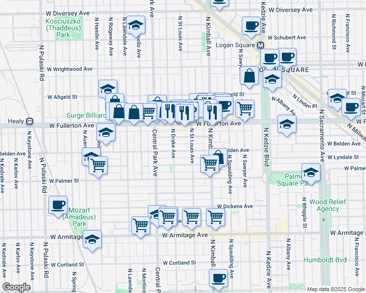 map of restaurants, bars, coffee shops, grocery stores, and more near 3503 West Medill Avenue in Chicago
