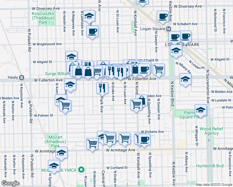 map of restaurants, bars, coffee shops, grocery stores, and more near 2322 North Drake Avenue in Chicago