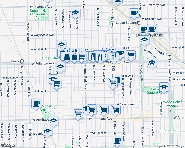 map of restaurants, bars, coffee shops, grocery stores, and more near 2322 North Drake Avenue in Chicago