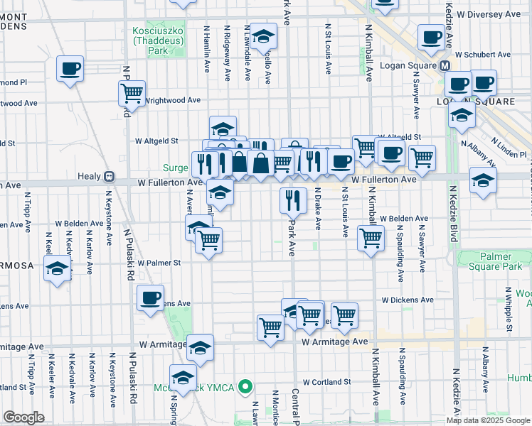 map of restaurants, bars, coffee shops, grocery stores, and more near 2324 North Monticello Avenue in Chicago