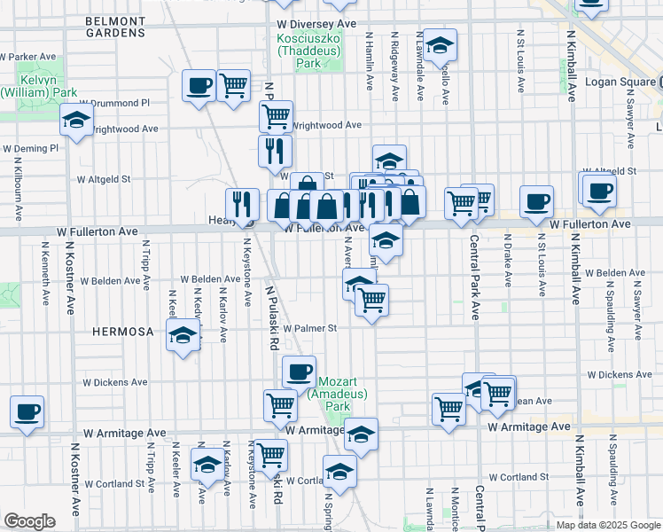 map of restaurants, bars, coffee shops, grocery stores, and more near 2324 North Springfield Avenue in Chicago