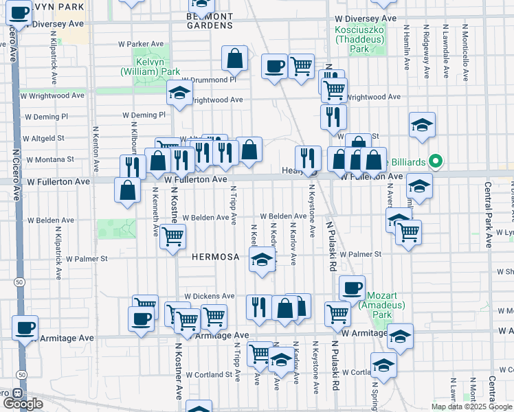 map of restaurants, bars, coffee shops, grocery stores, and more near 2326 North Keeler Avenue in Chicago