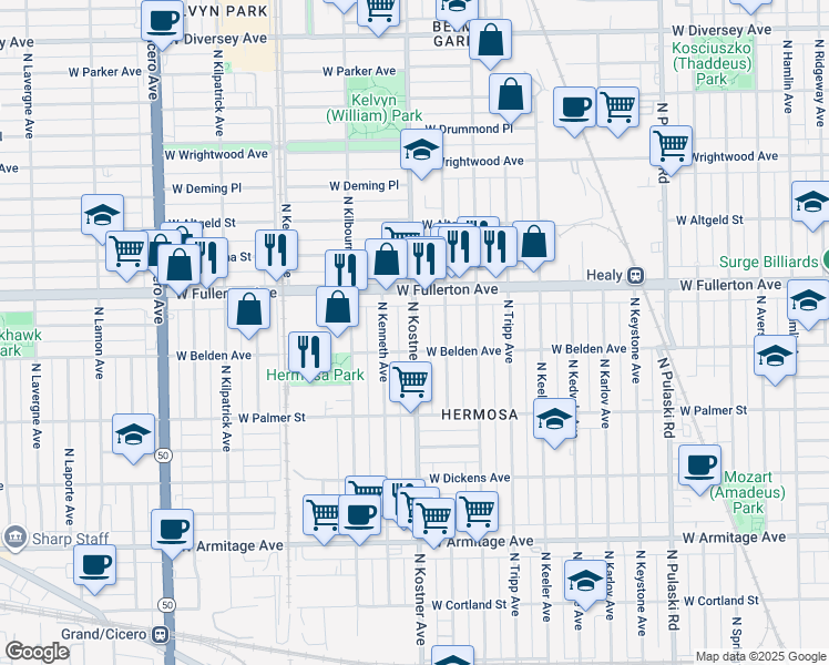 map of restaurants, bars, coffee shops, grocery stores, and more near 2326 North Kostner Avenue in Chicago