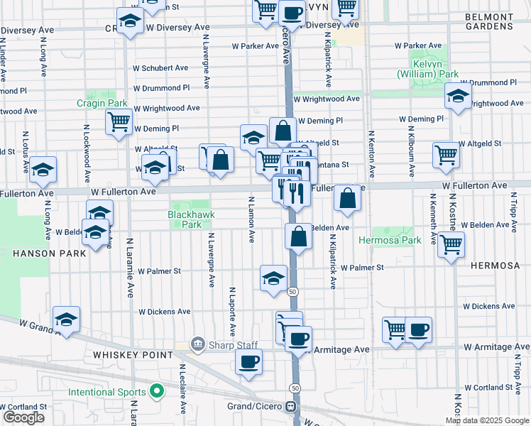 map of restaurants, bars, coffee shops, grocery stores, and more near 2337 North Lamon Avenue in Chicago