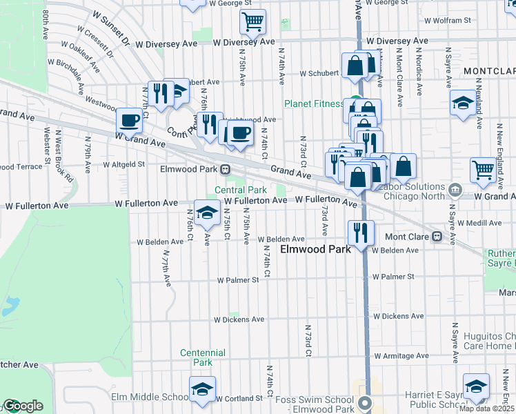 map of restaurants, bars, coffee shops, grocery stores, and more near 7440 West Fullerton Avenue in Elmwood Park