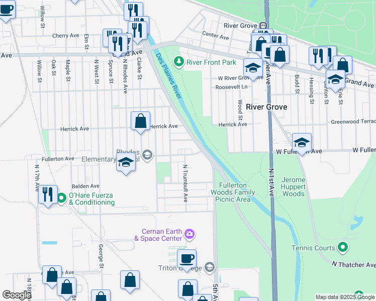 map of restaurants, bars, coffee shops, grocery stores, and more near 8725 Ridge Street in River Grove