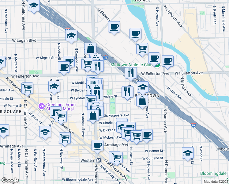 map of restaurants, bars, coffee shops, grocery stores, and more near in Chicago
