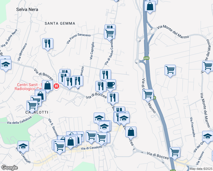 map of restaurants, bars, coffee shops, grocery stores, and more near 45 Via di Selva Candida in Rome