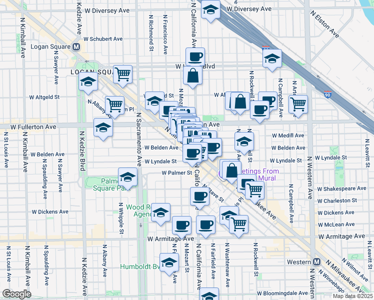 map of restaurants, bars, coffee shops, grocery stores, and more near 2318 North California Avenue in Chicago