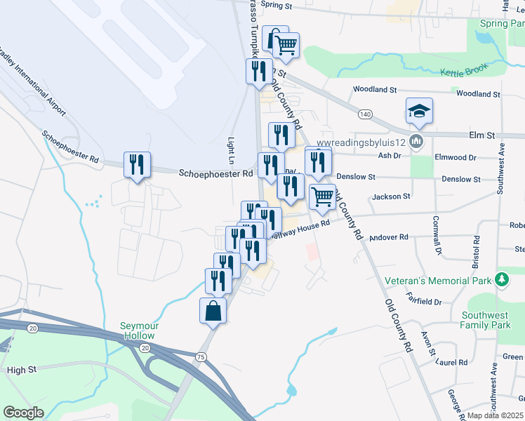 map of restaurants, bars, coffee shops, grocery stores, and more near Connecticut 75 in Windsor Locks