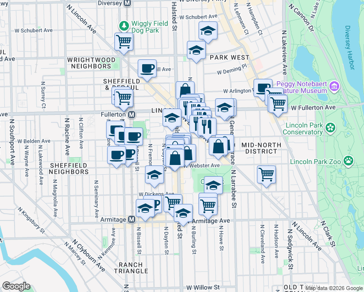 map of restaurants, bars, coffee shops, grocery stores, and more near 743 West Belden Avenue in Chicago