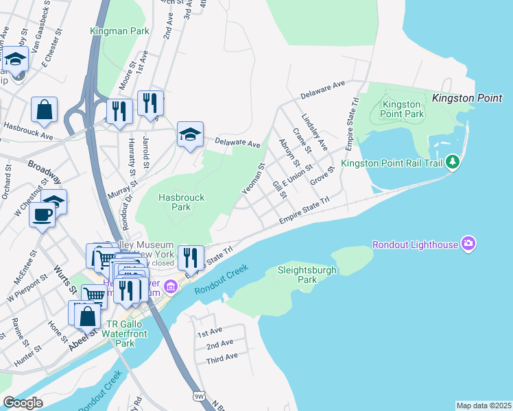 map of restaurants, bars, coffee shops, grocery stores, and more near 214 East Union Street in Kingston