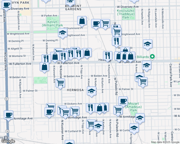 map of restaurants, bars, coffee shops, grocery stores, and more near 2326 North Keeler Avenue in Chicago
