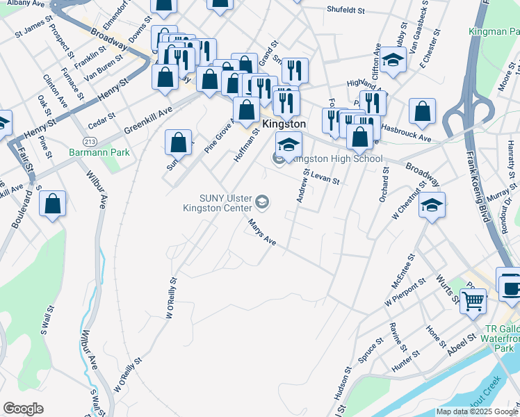 map of restaurants, bars, coffee shops, grocery stores, and more near 94 Marys Avenue in Kingston