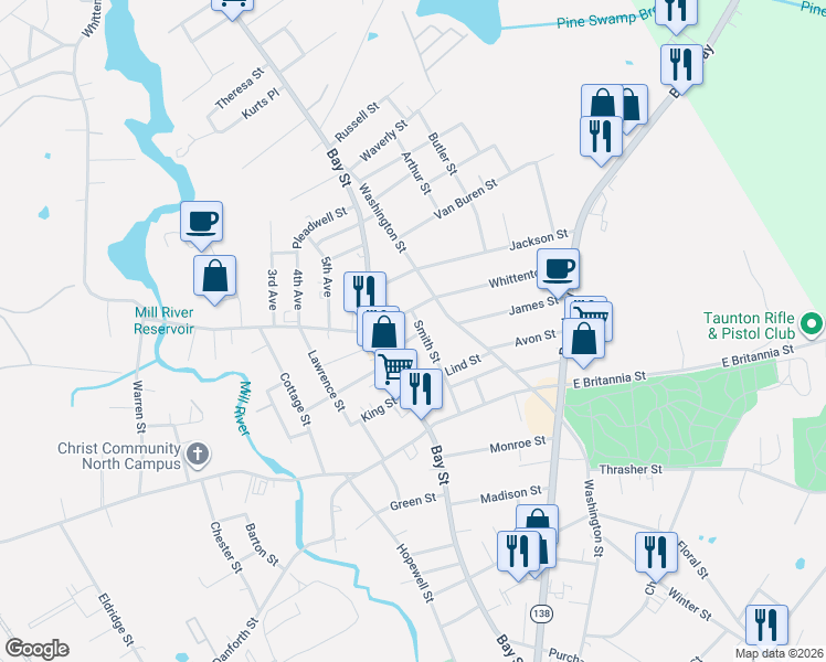 map of restaurants, bars, coffee shops, grocery stores, and more near 194 Whittenton Street in Taunton