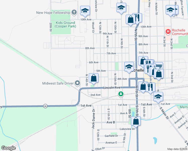 map of restaurants, bars, coffee shops, grocery stores, and more near 427 Woolf Ct in Rochelle