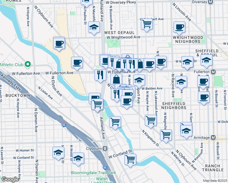 map of restaurants, bars, coffee shops, grocery stores, and more near 2270 North Clybourn Avenue in Chicago