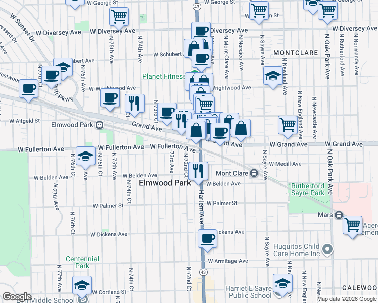 map of restaurants, bars, coffee shops, grocery stores, and more near 2341 North 72nd Court in Elmwood Park
