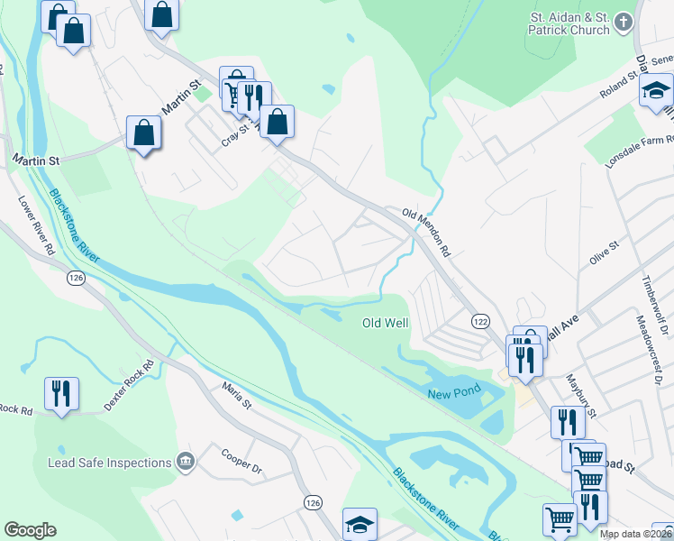 map of restaurants, bars, coffee shops, grocery stores, and more near 21 Stream View Drive in Cumberland