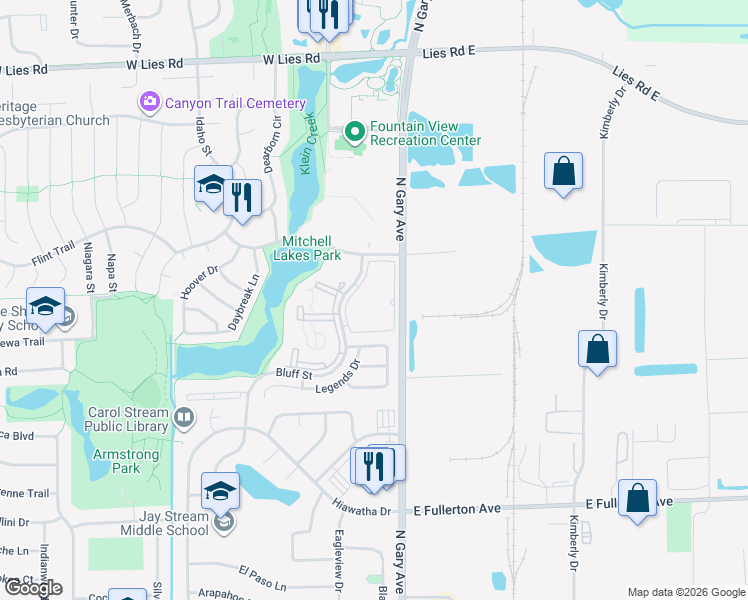 map of restaurants, bars, coffee shops, grocery stores, and more near 764 North Gary Avenue in Carol Stream