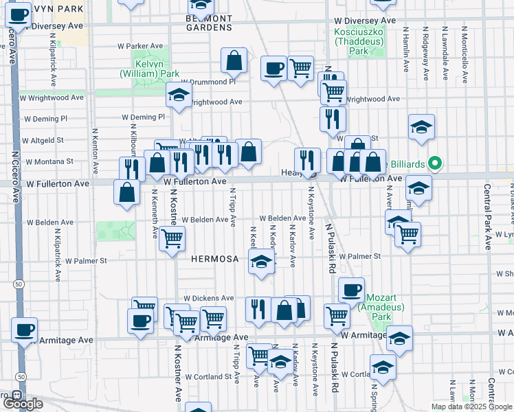 map of restaurants, bars, coffee shops, grocery stores, and more near 2326 North Keeler Avenue in Chicago