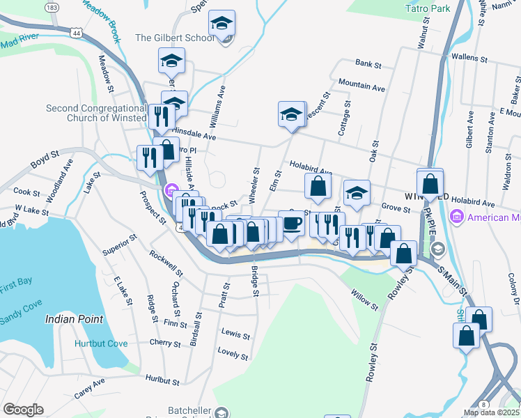 map of restaurants, bars, coffee shops, grocery stores, and more near 33 Wheeler Street in Winsted