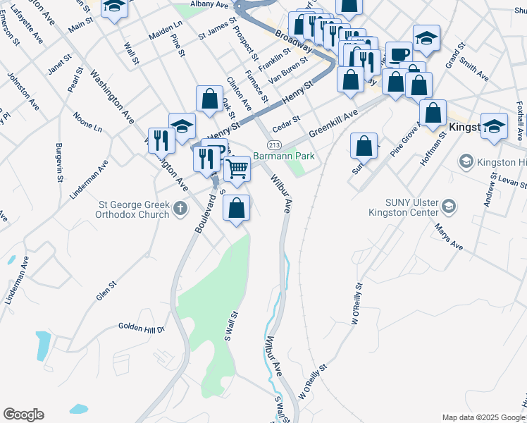 map of restaurants, bars, coffee shops, grocery stores, and more near 45 South Pine Street in Kingston