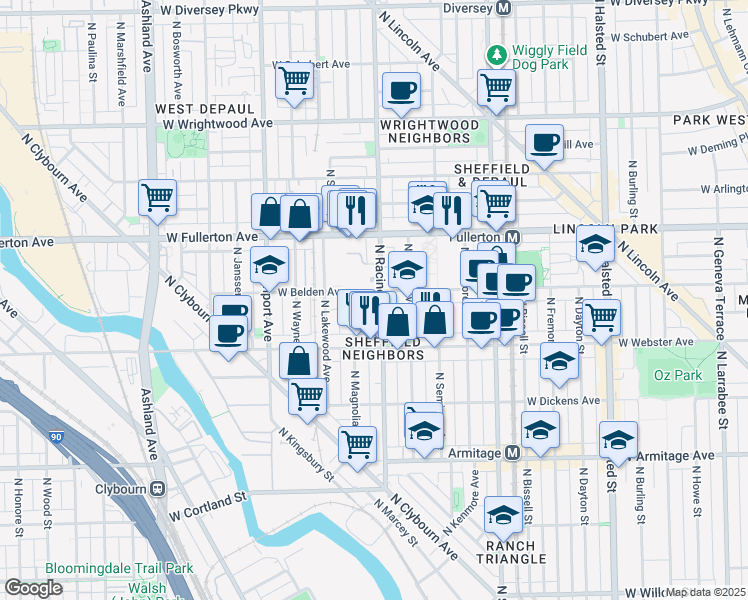 map of restaurants, bars, coffee shops, grocery stores, and more near 1201 West Belden Avenue in Chicago