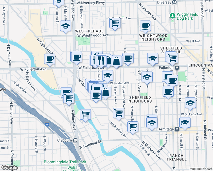 map of restaurants, bars, coffee shops, grocery stores, and more near 2311 North Southport Avenue in Chicago