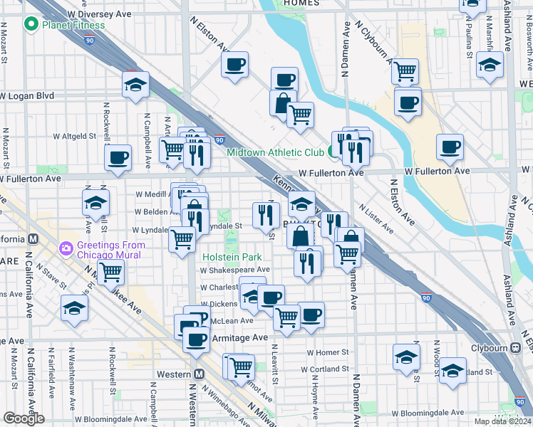 map of restaurants, bars, coffee shops, grocery stores, and more near 2327 North Leavitt Street in Chicago