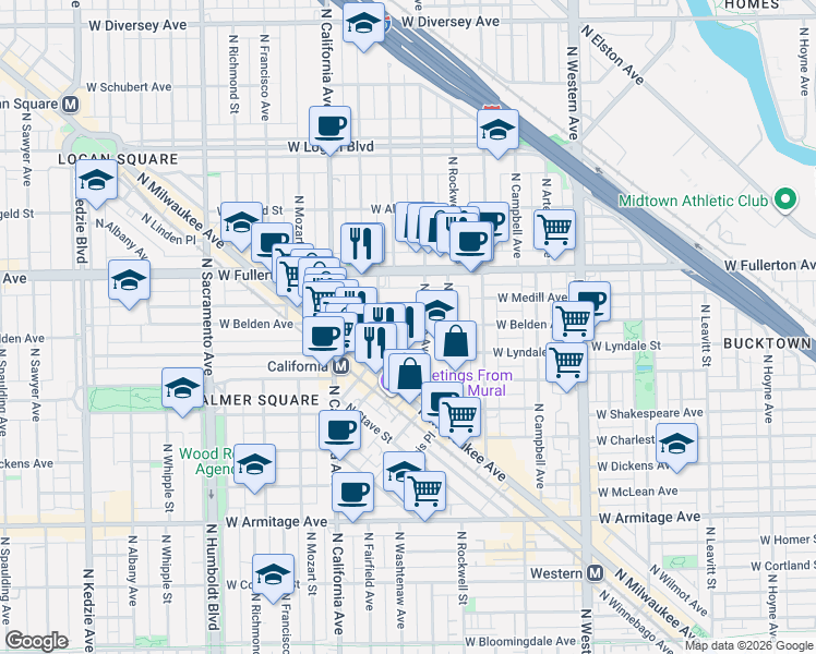 map of restaurants, bars, coffee shops, grocery stores, and more near 2641 West Medill Avenue in Chicago