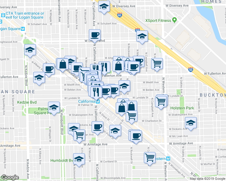 map of restaurants, bars, coffee shops, grocery stores, and more near 2641 West Medill Avenue in Chicago