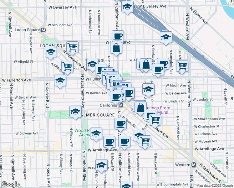 map of restaurants, bars, coffee shops, grocery stores, and more near 2318 North California Avenue in Chicago